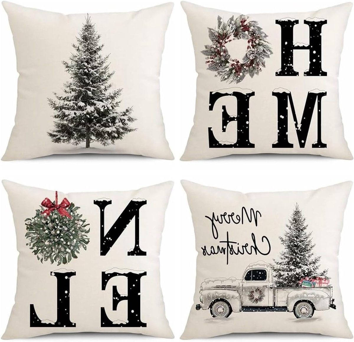 Set van 4 Decoratieve Kussenslopen voor Kerstmis, Sfeervolle Kussens voor Bank en Slaapkamer, Kussenhoezen met Kerstontwerp