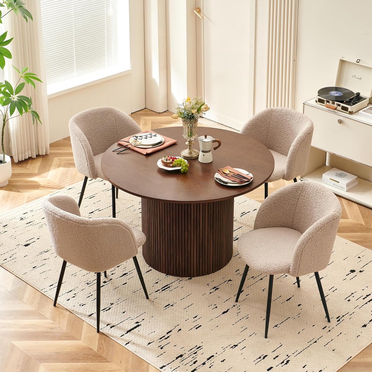 Luxe Teddy Eetkamerstoelen Set van 4 met Armleuningen en Houtlook Metalen Poten – Bruin – 47 x 48 x 81,5 cm – Moderne Keukenstoelen, Woonkamerstoelen & Make-upstoel voor Eettafel en Interieur