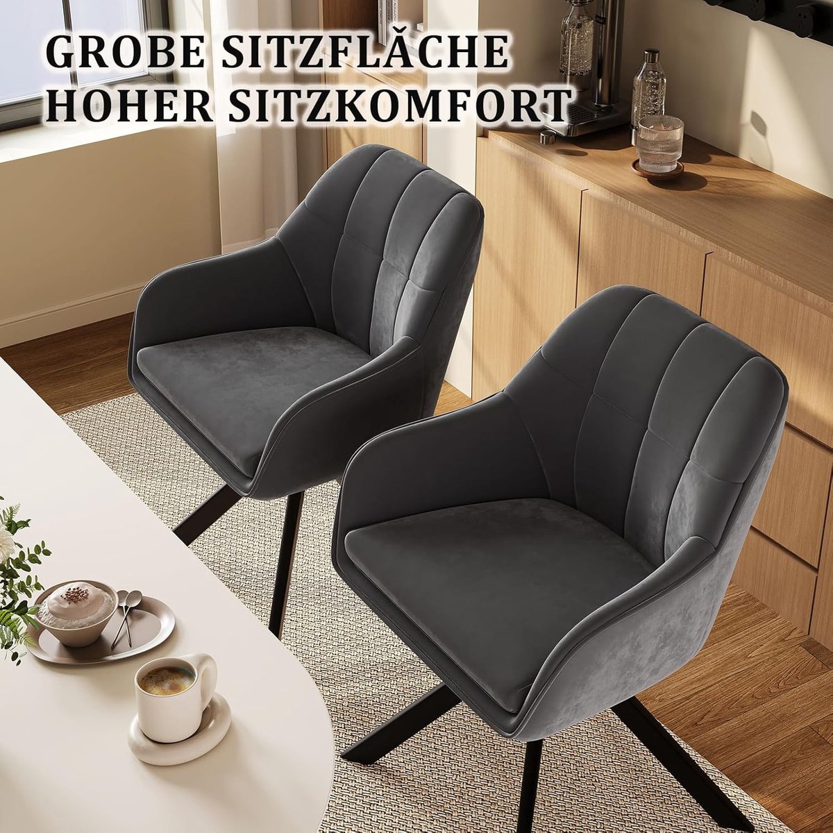 Veloura Swivel Luxe Eetkamerstoel Set van 2 – Donkergrijs Fluweel met 360° Draaifunctie en Armleuningen