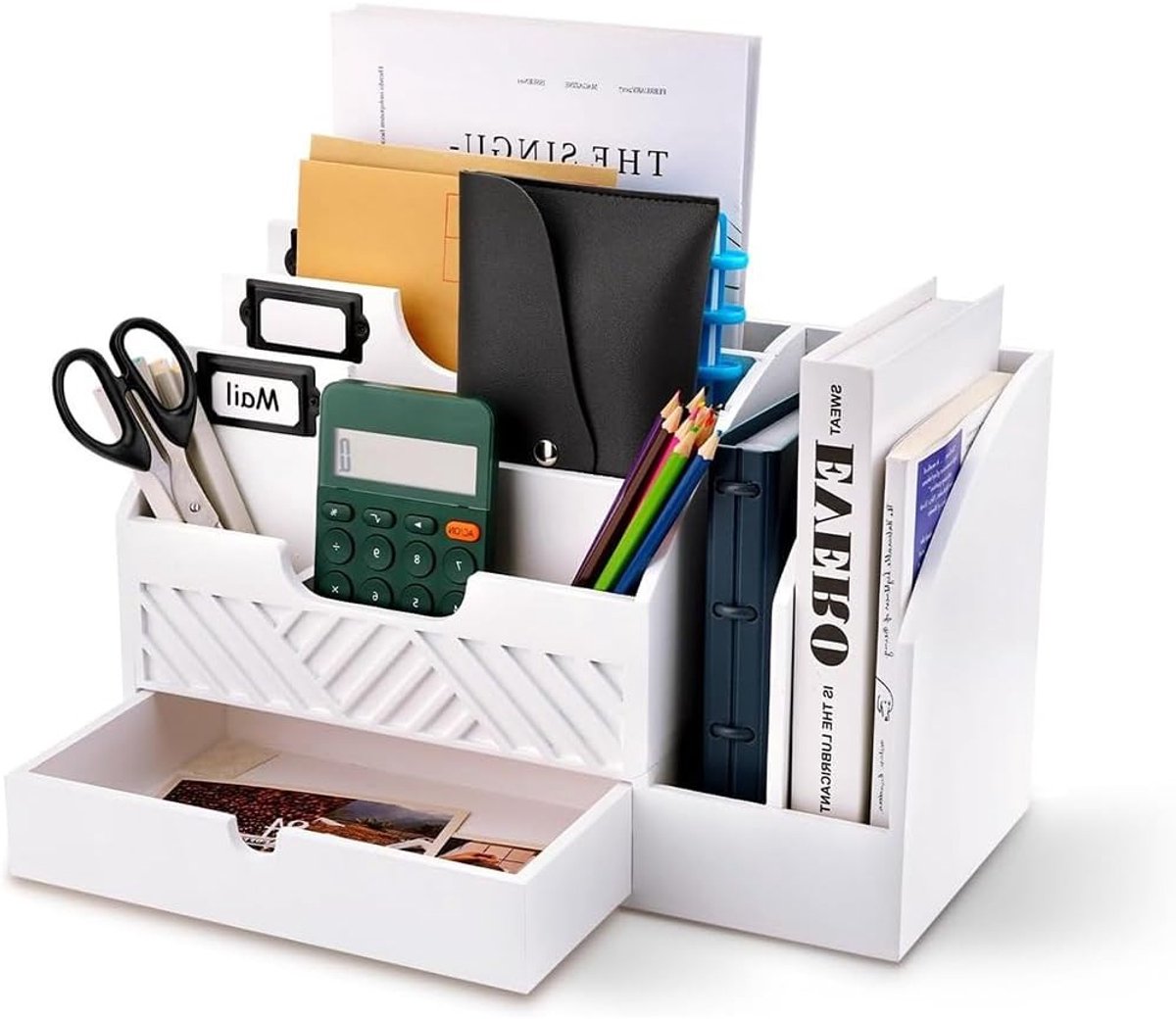 Houten Brieforganiser met 4 Compartimenten en Lade voor Papieren en Archivering, Wit