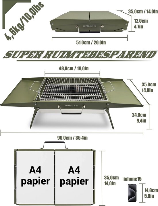 Houtskoolgrill Opvouwbaar 47 x 34 cm - Draagbare BBQ Grill voor Camping, Picknick, Tuin en Strand - Groen — afbeelding 2