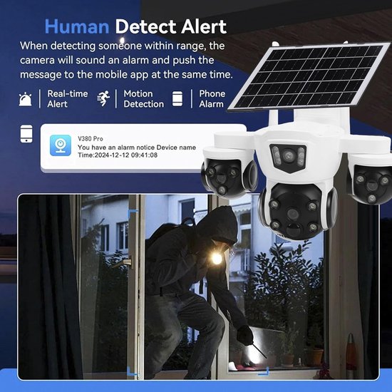 Beveiligingscamera op Zonne-energie - Drievoudige Lens Camera - Buitenhuis Bewaking - Menselijk Detectie Alarm - 8000mAh Batterij - Zwart — afbeelding 3