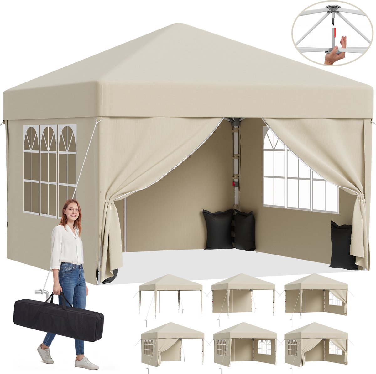 Devoko partytent–Opvouwbaar tuinpaviljoen 3x3–pop-up tuinpaviljoen in 20 sec–Waterdicht & UV-bestendig–met opbergtas–4 zijwanden–Beige