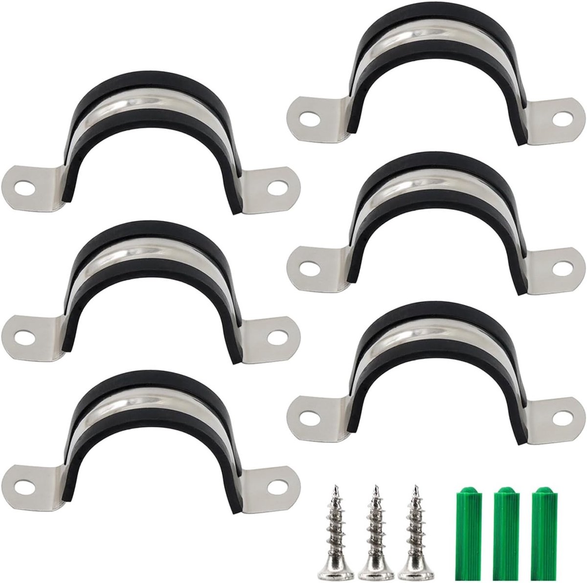 Set van 6 RVS Slangklemmen met Rubber, Zelftappende Schroeven en Plastic Wandankers voor Buizen en Kabels