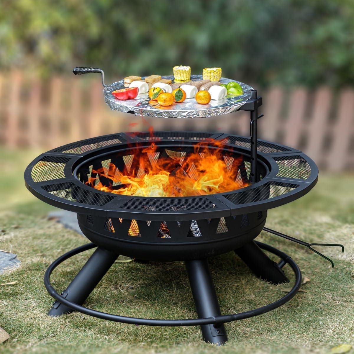 Vuurkorf met Grill - Buitenhaard Terras - Buiten Koken - 3-in-1 Ontwerp - 36 inch Diameter - Zwart