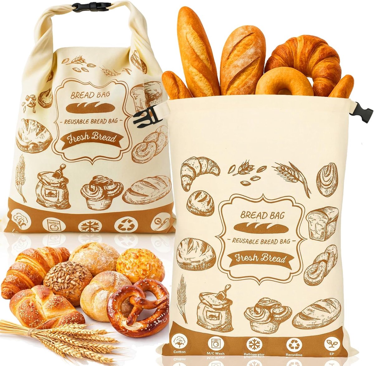 Bijenwas Broodzakken met insteekgesp - 31.5*40cm - Groot en Draagbaar - Katoenen Bijenwas Broodzakken - Herbruikbare Bewaarzakken - Vriezerbestendig - Blijft Vers - Voor broodbewaring, zuurdesem - coating op milieuvriendelijke katoen - Geel