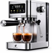 RVS espressomachine met glazen dubbelwandige kopjes, met verse espresso erin.