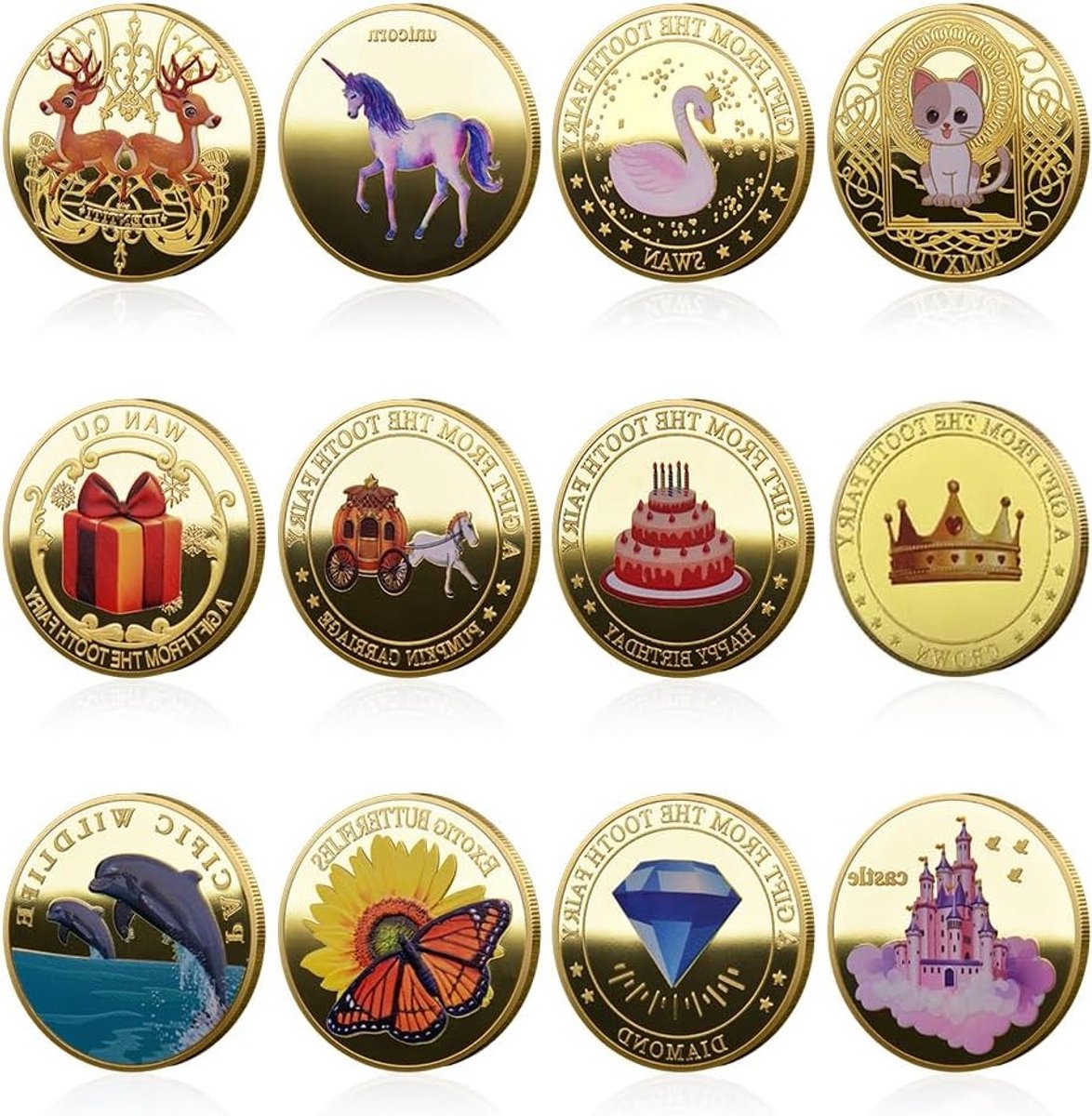 Set van 12 kleurrijke metalen munten voor het vieren van het verliezen van tanden, ideaal voor kinderen en feestjes