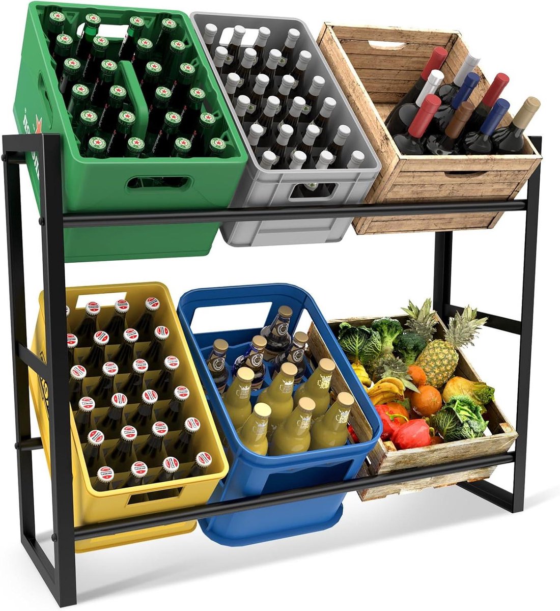 Krattenrek - Drankrek Staal - Opslag Ordenen - Ruimtebesparend Ontwerp - Voor 6 Kratten - Zwart