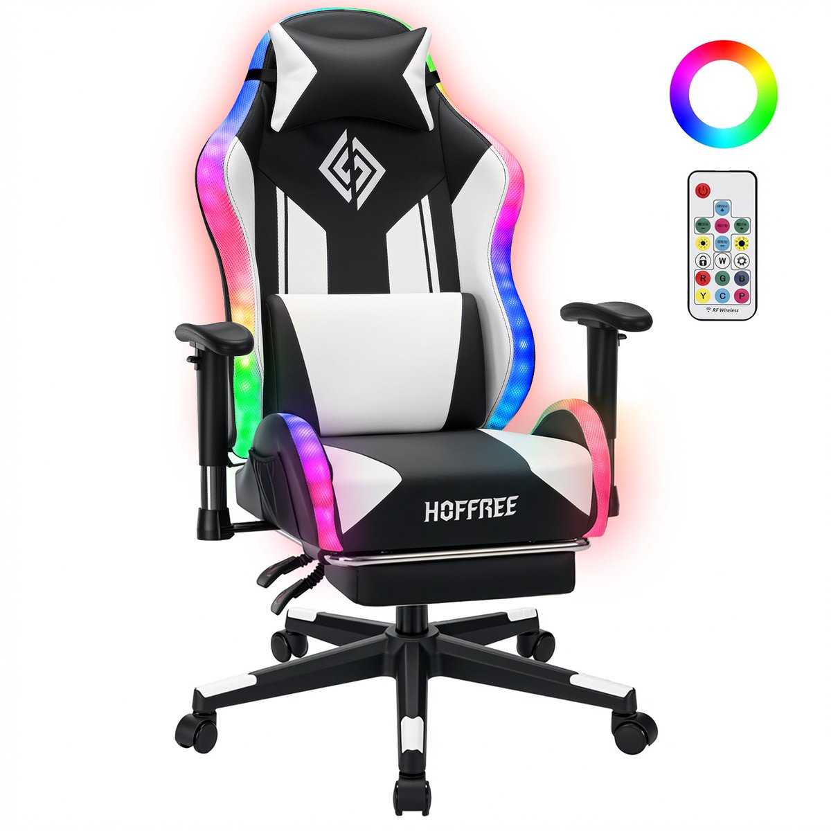 HOFFREE LED Gaming Stoel voor Kinderen 8-15 Jaar – Verstelbare Gamer Stoel met LED Verlichting, Voetsteun & Lendensteun, Ergonomische PC Stoel – Wit