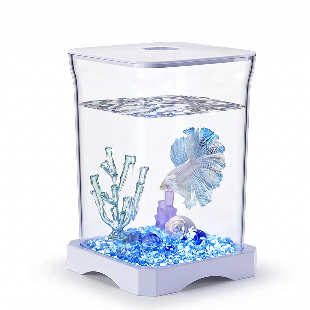 NordHaus Mini Aquarium - Betta Vissenkom - Desktop Visbak - Inclusief Sfeerverlichting - Wit 11,8 x 11,8 x 17,7 cm