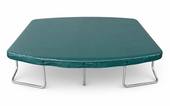 Donkergroene trampolinehoes op een vierkante trampoline met metalen frame.