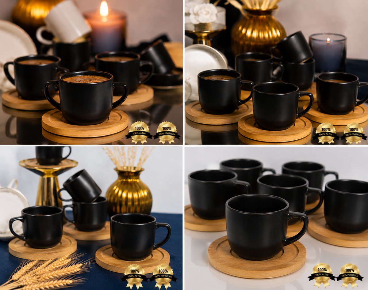 TUTKU 12-Piece Bamboo Coffee Cup Set – 6 Cups & 6 Bamboo Saucers – Black
