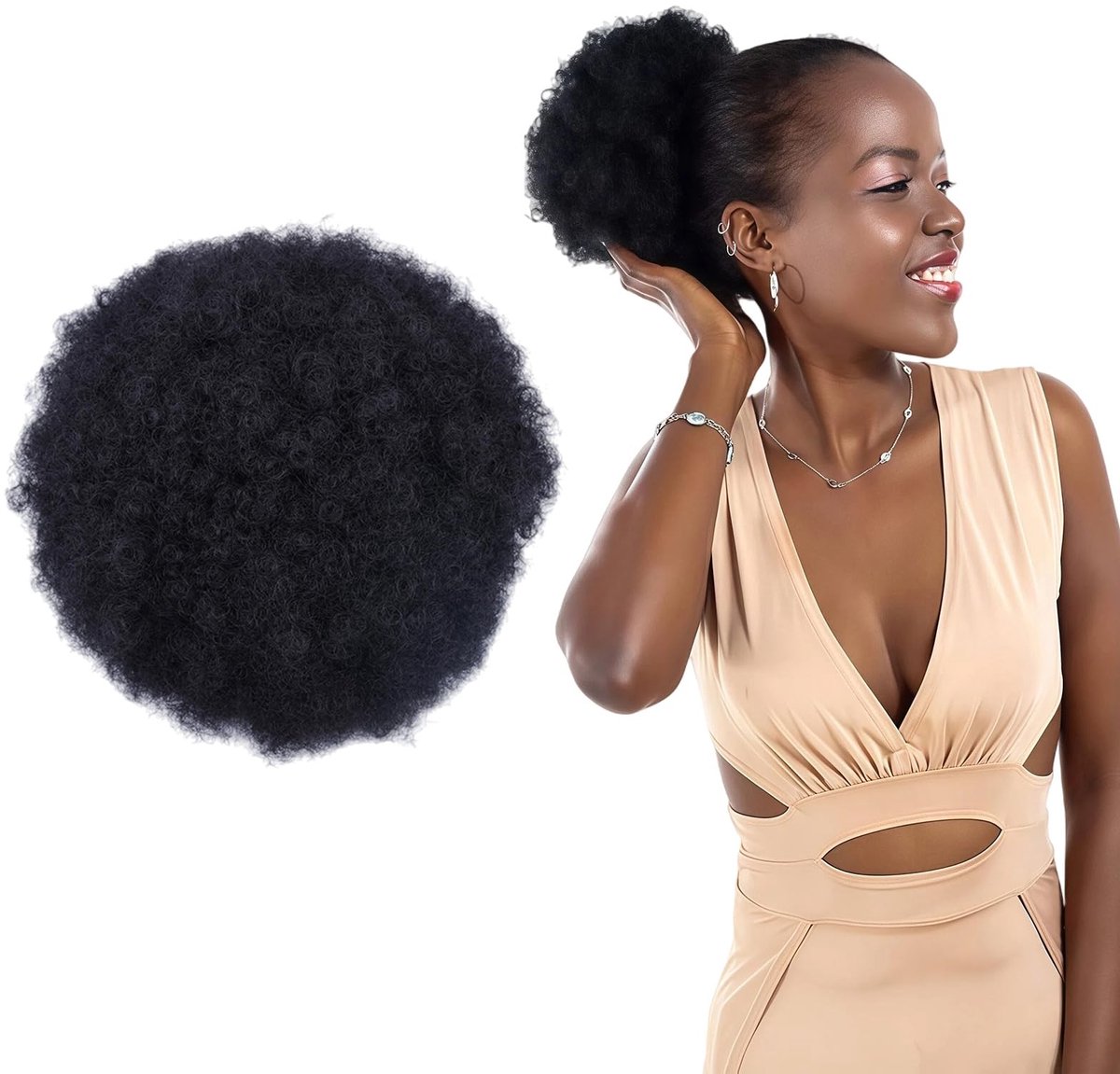 Dailygoody - Afro Puff - Synthetisch Haar - Natuurlijk Uiterlijk - Zwart - Kinky Haar - Perfect voor Updo's - 20 cm Diameter