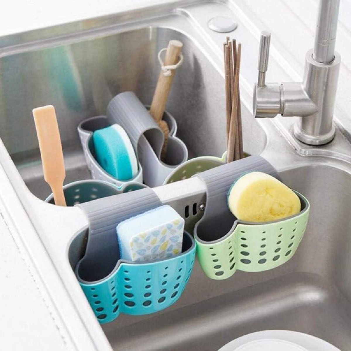 Gootsteen Organizer - Afvoermand Spons - Keuken Opbergen - Dubbel Zak Ontwerp - 2 Stuks - Grijs