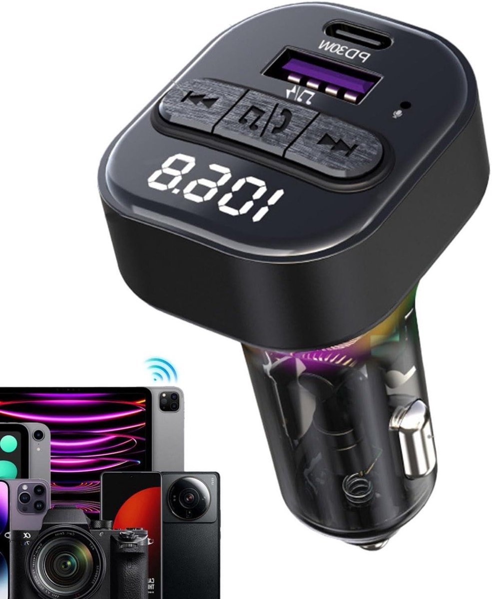 Auto FM Zender - Draadloze Adapter - Muziek Streamen - 30W Snellader - 12-24V - Zwart