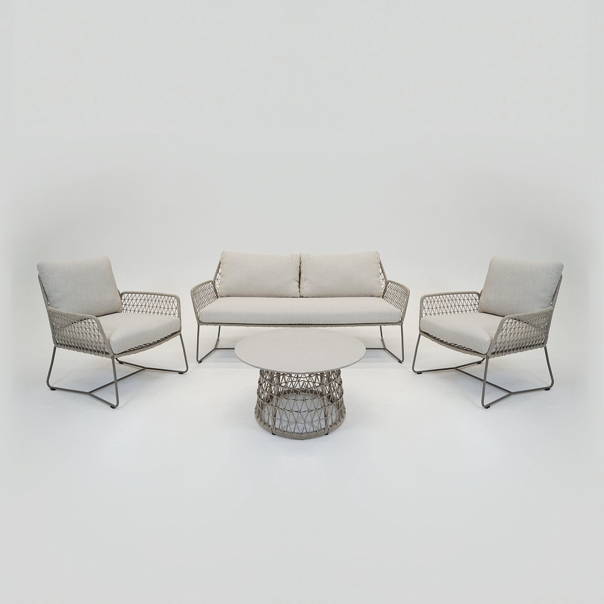 Vita - Bruzio Loungeset 4 delig - weersbestendig rope - met tafel - creme - met kussens - met slijtdoppen - aluminium gepoedercoat - Vita tuinmeubelen