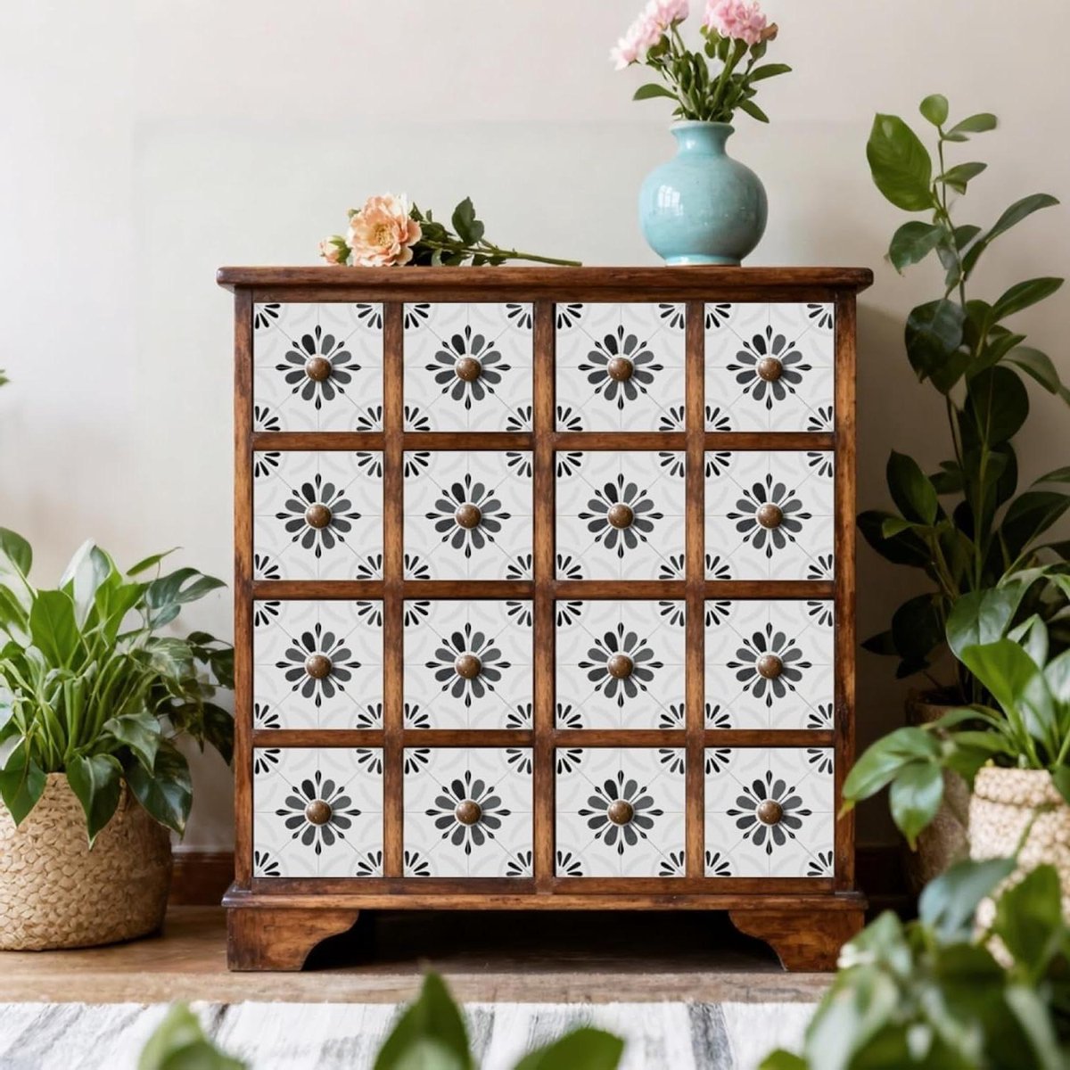 Zelfklevende tegels witte bloem grijs tegelstickers pvc plaktegels keuken badkamer zelfkle