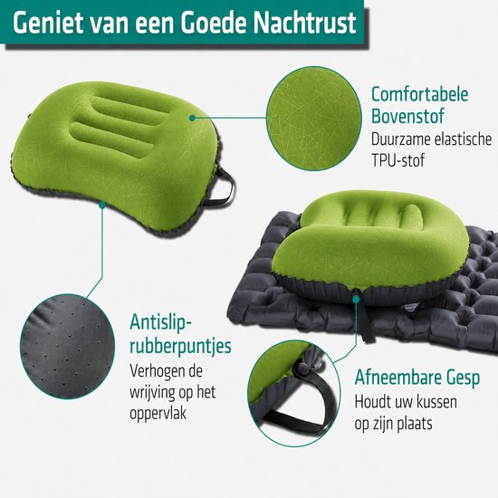 Opblaasbaar Reiskussen - Kampeer Kussen - Lichtgewicht Nekkussen - Compact Hoofdkussen met Draagtas - Groen — afbeelding 4