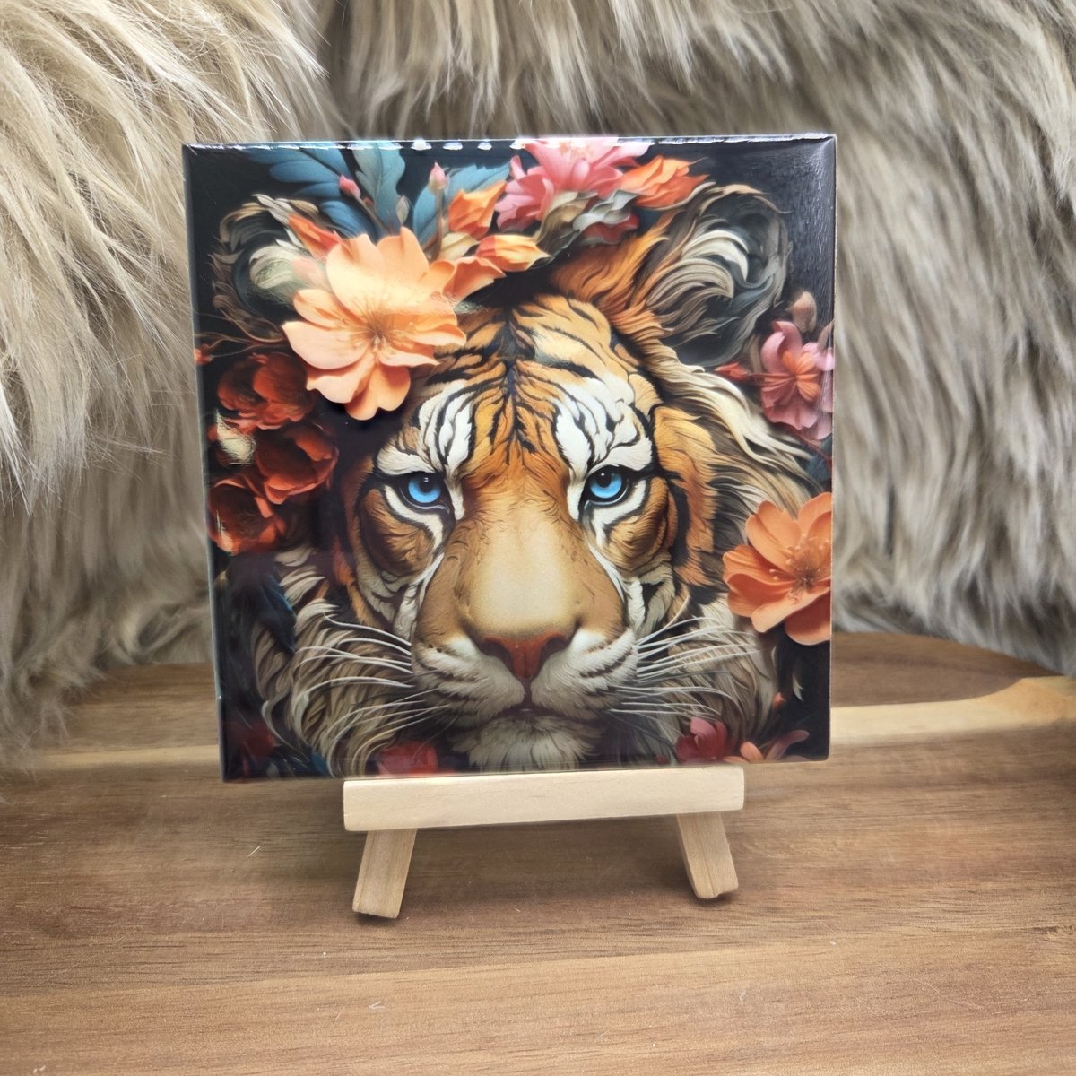 CreaCraft Wenstegeltje Tijger portret met bloemen – Cadeau voor tijgerliefhebbers – Spreuktegel – Zomaar - Stijlvolle Woondecoratie met Boodschap – Trendy nu– Hip trendy tegeltje – Cadeau – Decoratief Tegeltje met Standaard – Cadeau Idee Tijger met bloemen portret