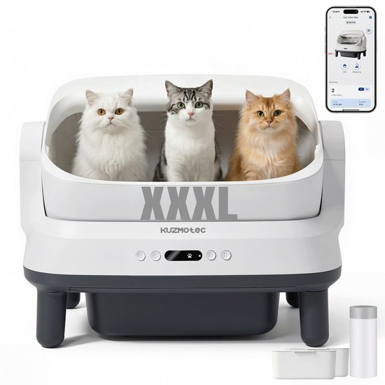 KUZMOTEC Open Automatische Kattenbak XXXL- Zelfreinigende Kattenbak 120L-Ondersteunt bediening via app - Dubbele geurbarrière -Achtvoudige veiligheidsbescherming - ABS-materiaal - Geschikt voor katten van 1,5-16 kg - Wit