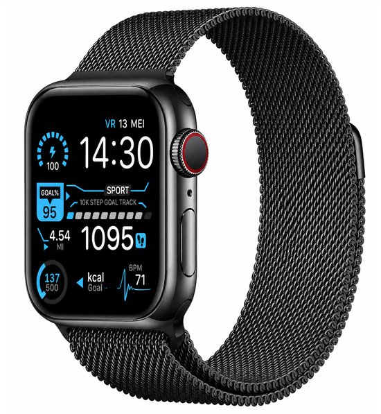 Zwarte smartwatch met Milanese band. Toont tijd, stappen, afstand, calorieën en BPM.