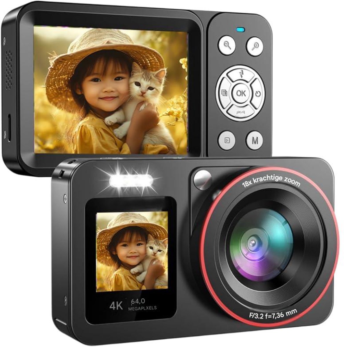 carmdering - Digitale Camera - 4K Camera - Vlogging Camera - 64MP foto's, 2,8 inch dubbel scherm, 18x zoom - AF autofocus, ingebouwde flitser - USB-C, 1200 mAh - Kan als webcam - Zwart - Perfect voor beginners en tieners