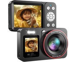carmdering - Digitale Camera - 4K Camera - Vlogging Camera - 64MP foto's, 2,8 inch dubbel scherm, 18x zoom - AF autofocus, ingebouwde flitser - USB-C, 1200 mAh - Kan als webcam - Zwart - Perfect voor beginners en tieners