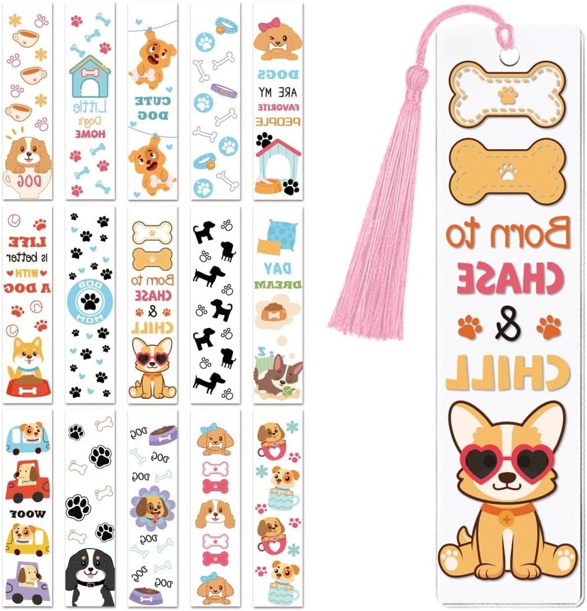 30 Stuks UV DTF Boekenleggers Wraps Transfer Stickers met Schattige Honden voor Lezers, Waterdichte Boekenleggers Stickers voor Acryl, Plastic en Metaal