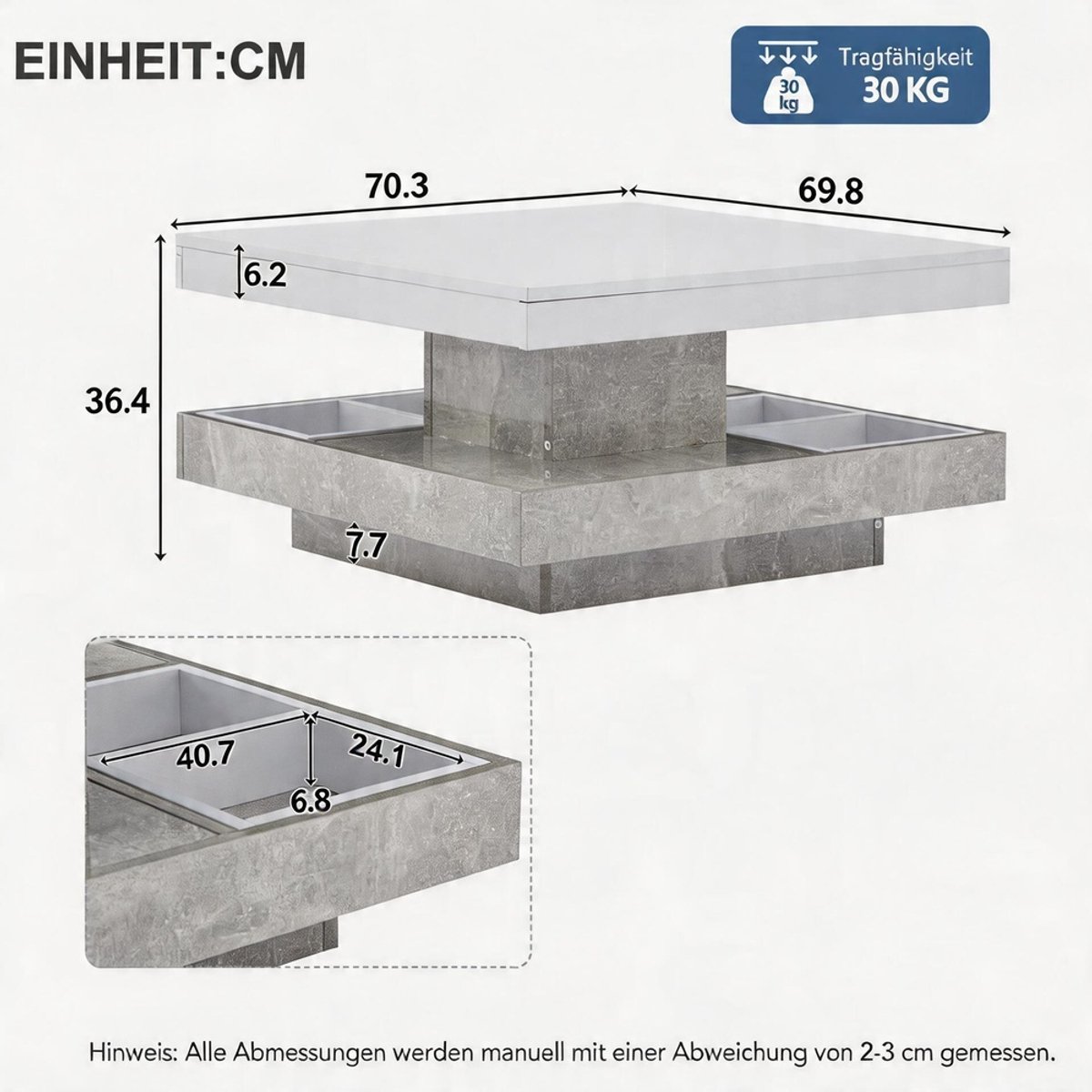 Komhtom - Functionele dubbele salontafel - Hoogglans blad 360° draaibaar - Dubbel zwenkblad met opbergvak - Woonkamertafel in wit en marmerkleurig spaanplaat