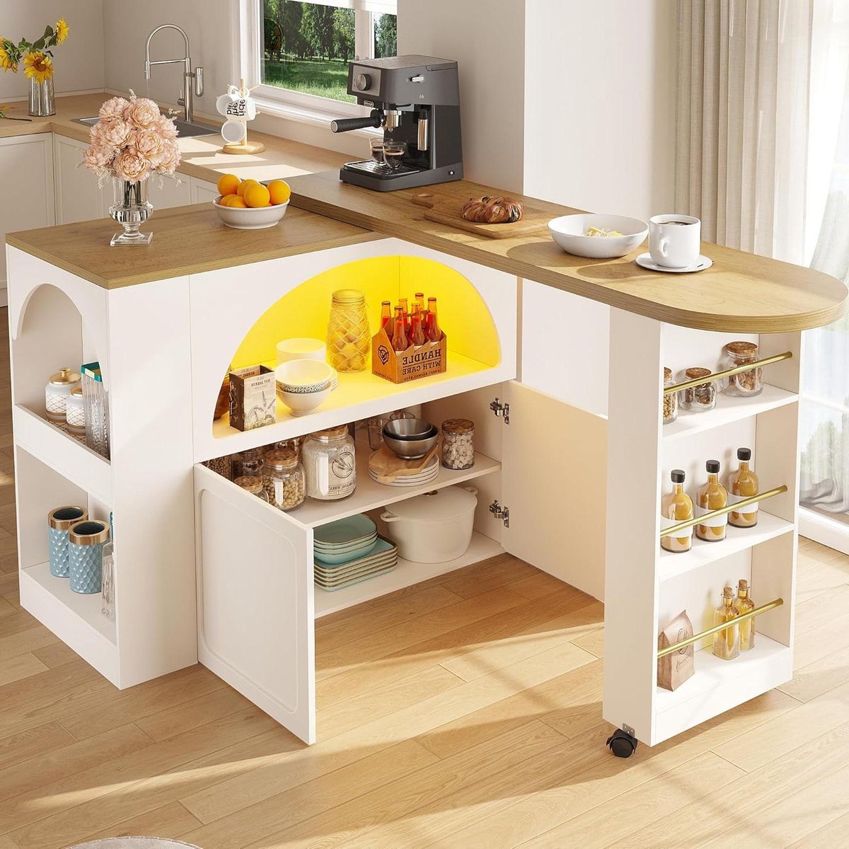 Uittrekbare Bartafel - Keukeneiland Bar - Ruimte Besparen - App Gestuurde LED - 135-205 cm - Wit