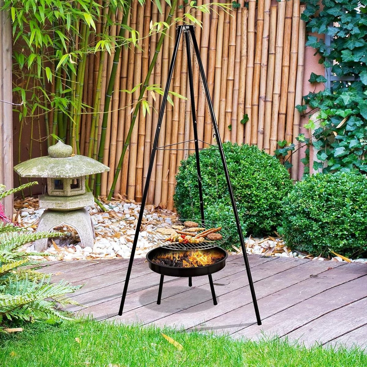 Vuurkorf met Grill - Buitenhaard BBQ - Buiten Koken - In hoogte verstelbaar rooster - 53 cm diameter - Zwart
