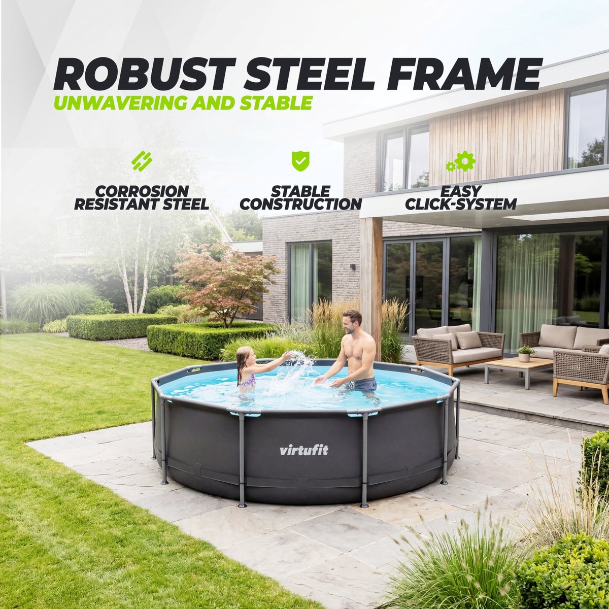 VirtuFit Rond Zwembad Ø244 x 76 cm - Incl. Filterpomp - Opzetzwembad - Duurzaam & Veilig Stalen Frame - Antraciet — afbeelding 4