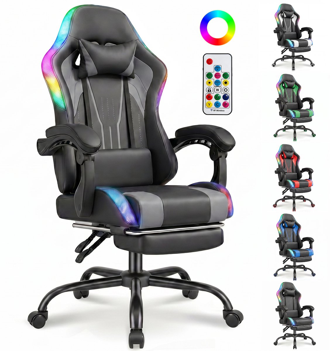 Devoko Game Stoel met ledverlichting-Ergonomische Gamestoel-Gaming chair met voetensteun-Bureaustoel met hoofdsteun en lendensteun-Zwart Grijs