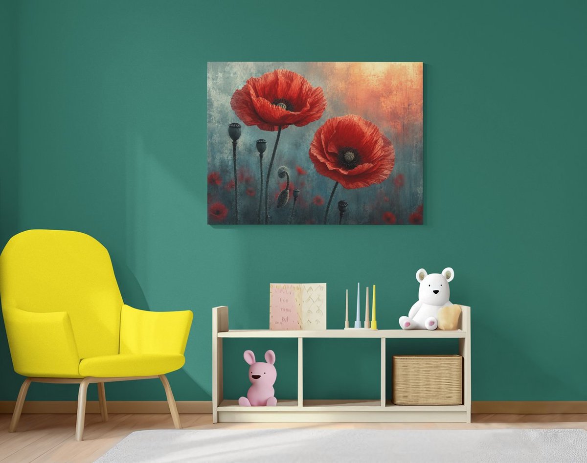 Trendex Global Modern Luxe Canvas Kunst Klaprozen – Warme Interieurdecoratie 100x75 cm Rood