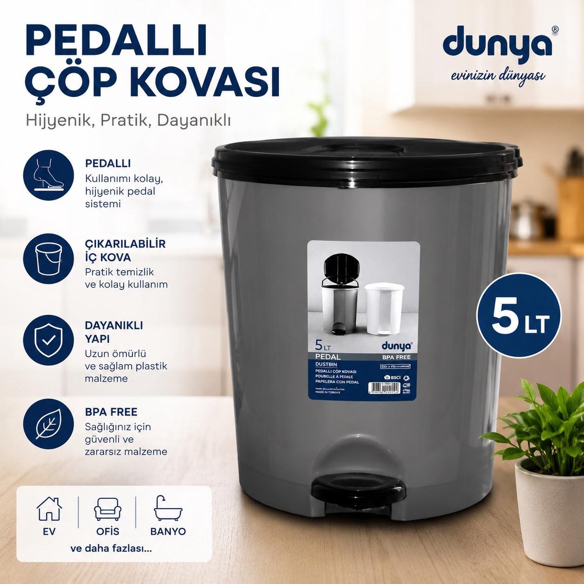 Dunya Pedal Prullenbak 5L – BPA Vrij – Uitneembare Binnenemmer – Kunststof Afvalbak met Pedaal – Grijs/Zwart – Voor Badkamer, Toilet & Kantoor