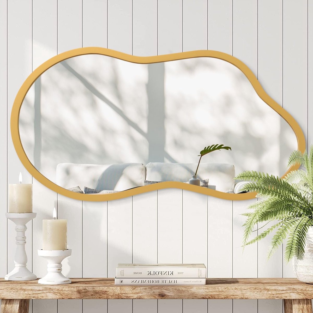 Grote Wandspiegel met Houten Frame, 65 x 40 cm, Ongelijke Hangspiegel voor Badkamer, Slaapkamer en Woonkamer