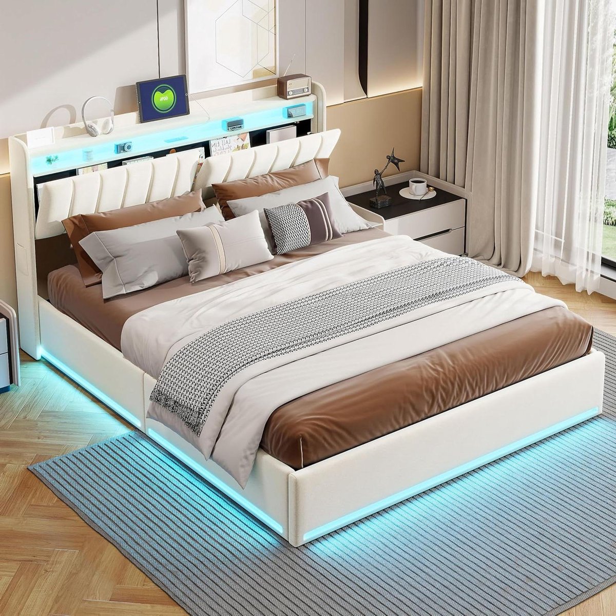 Hydraulisch kistbed - Opbergbed - Ruimte Besparen - Met LED en USB - 160x200 cm - Beige