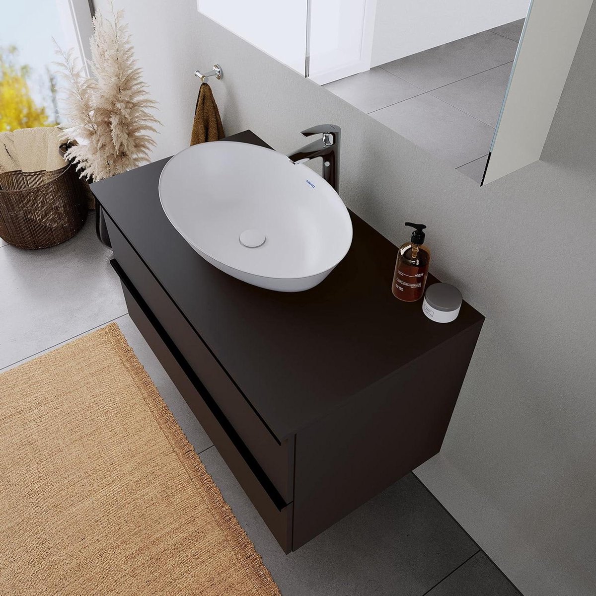 Ovale opzetwastafel - Handwasbak - Badkamer inrichten - Mineraal gietwerk - 60x40x145cm - Wit mat