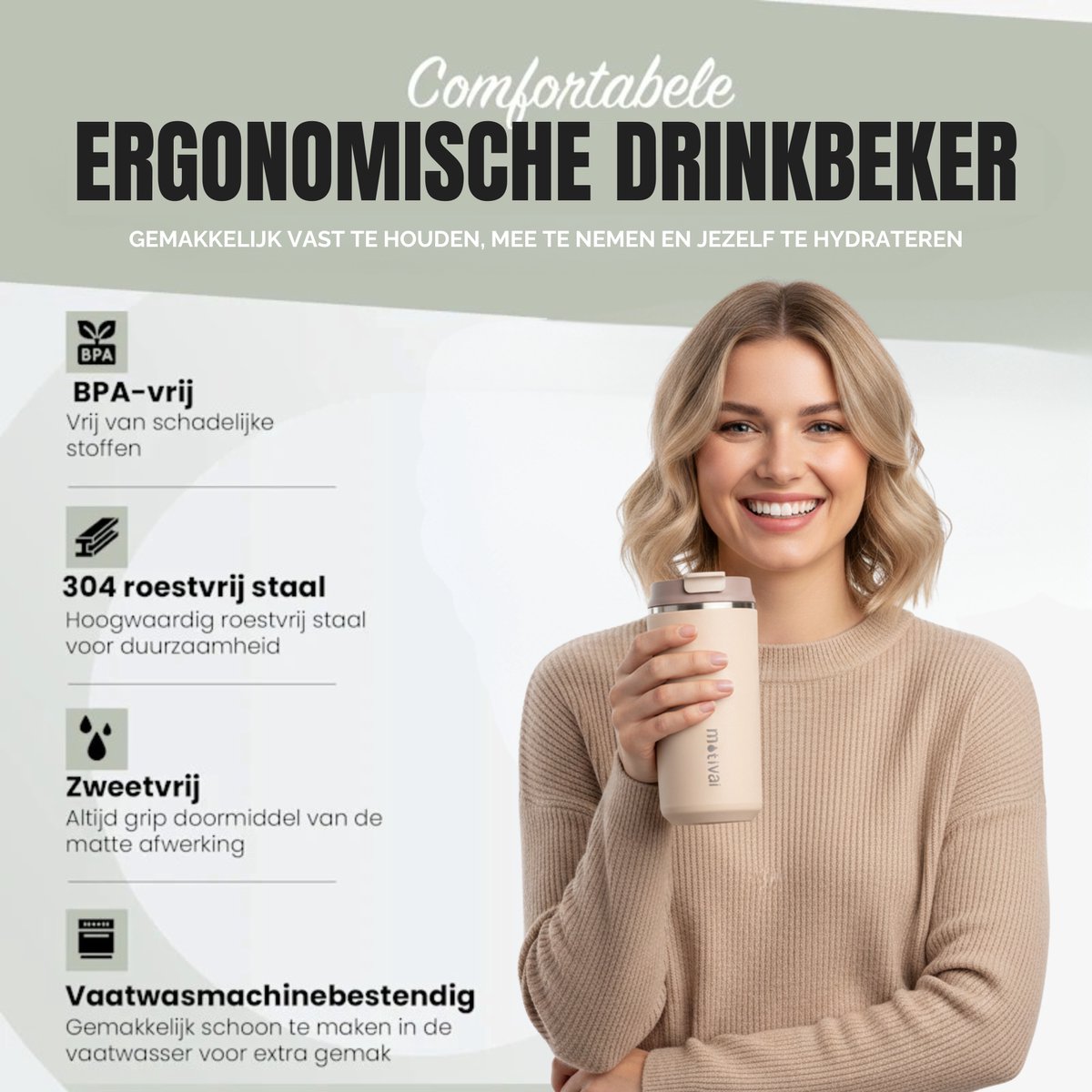 Motivai Daily Cup – Thermosbeker To Go – 350ML RVS Thermosmok – Lekvrij – Dubbelwandig Geïsoleerd – BPA-vrij & Duurzaam – Koffiebeker voor Onderweg – Beige — cadeau in Koken & Dineren - foto 2
