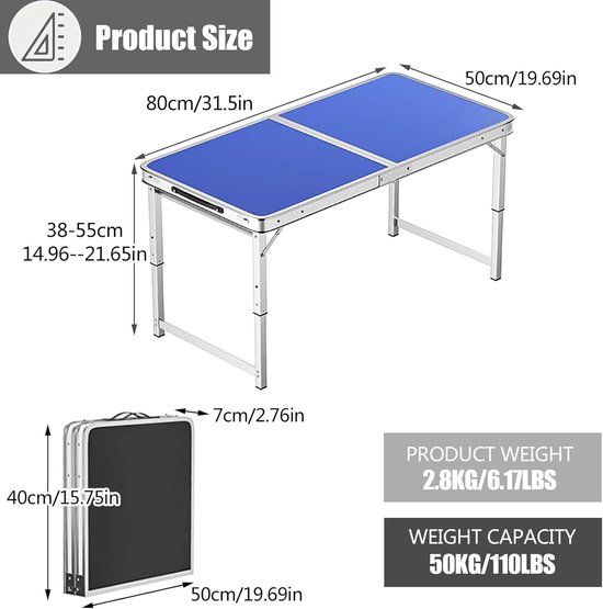 Klaptafel met krukjes - Picknicktafel set - Buitenactiviteiten - In hoogte verstelbaar - 120 x 60 cm - Blauw — afbeelding 3