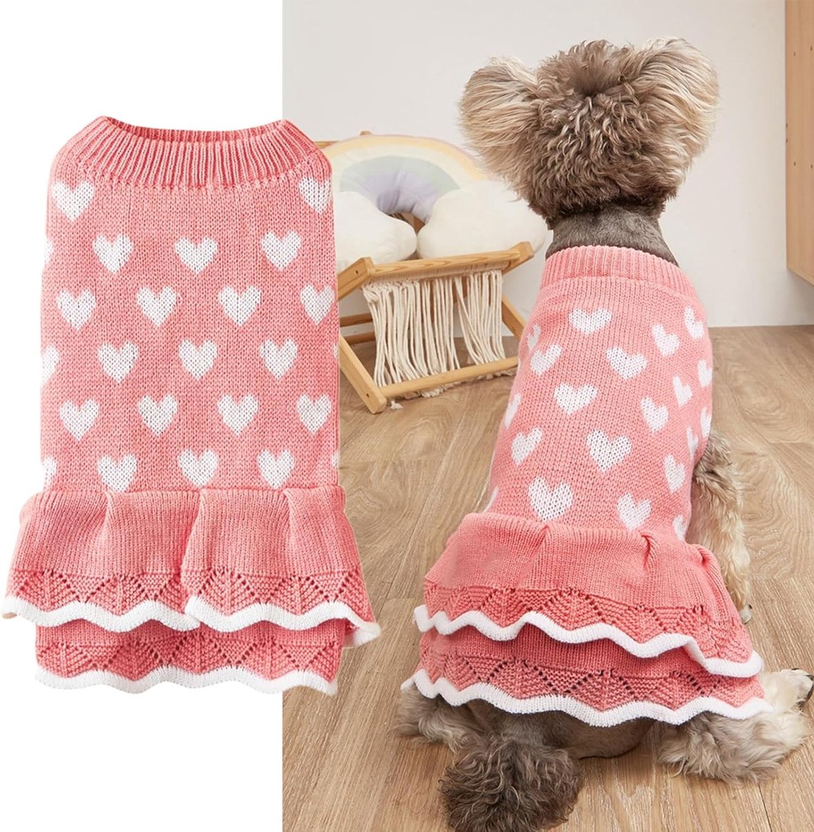 Schattige Valentijnsdag honden- en kattentrui met hartjesmotief, winterturtleneck, warm en comfortabel voor kleine en middelgrote huisdieren