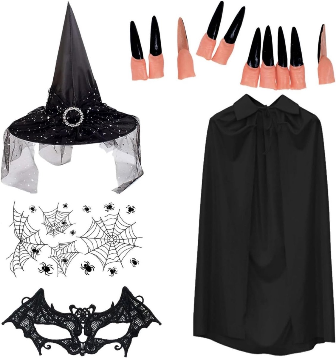 Zwarte Leren Heksen Kostuum voor Vrouwen - Inclusief Hoed, Batmasker, Cape, Lange Nagels en Halloween Tattoo Stickers voor Feesten en Verkleedpartijen
