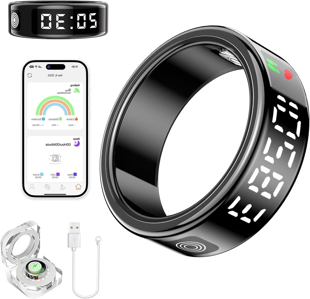 Smart Ring Gezondheidstracker - Fitness Ring Slaapmonitor - Gezondheid Monitoren - Air Gesture Bediening - IP68 Waterdicht - Zwart