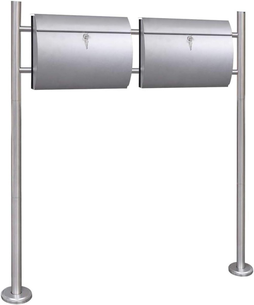 Dubbele Brievenbus op Paal - Postkast Met Standaard - Post Ontvangen - Roestvrij Staal - 120 cm hoog - Zilverkleurig