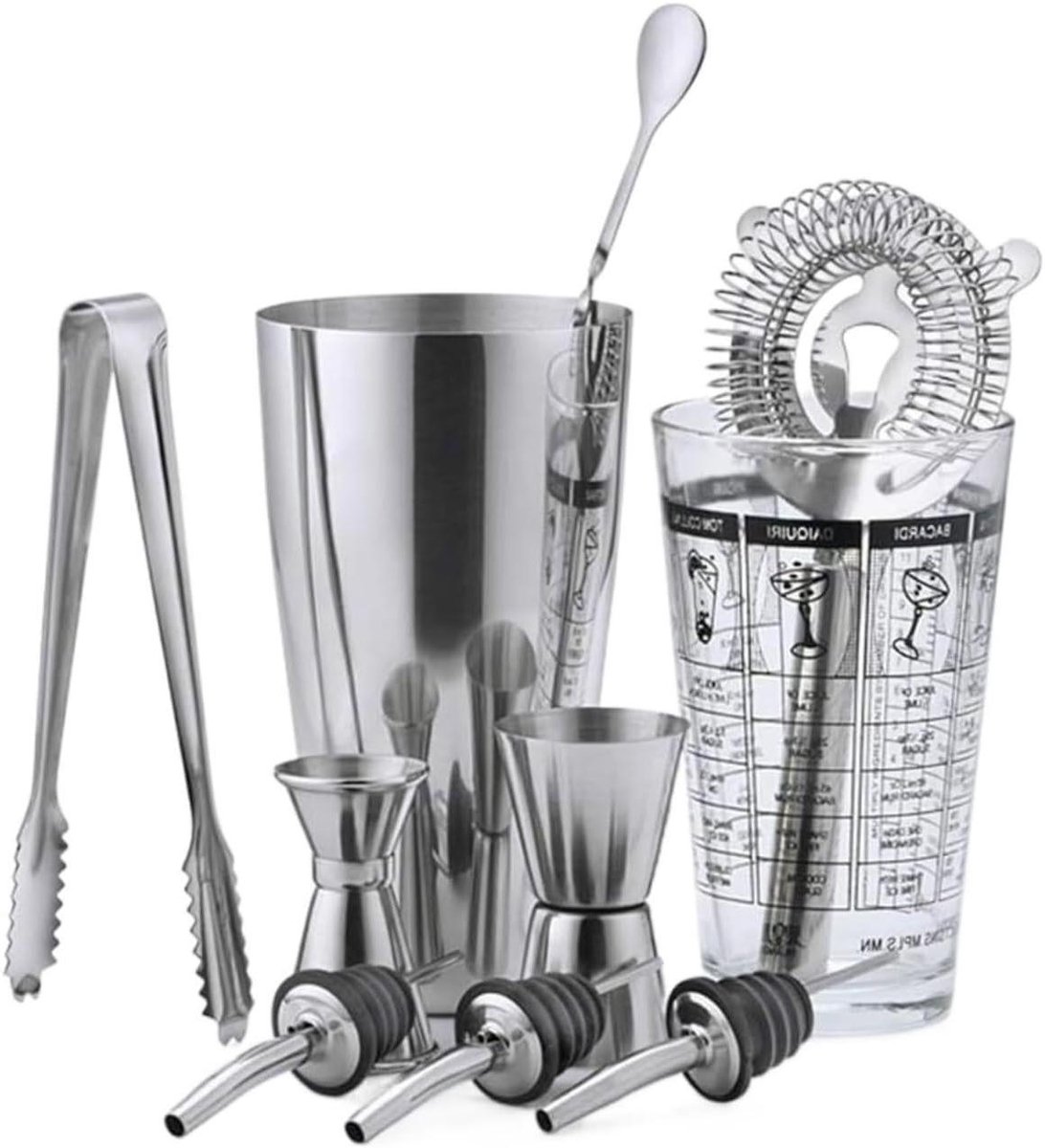 Cocktail Shaker Set - Barman Set Mix Set - Cocktails Maken - Lekvrij Ontwerp - 10 Stuks - Zilver