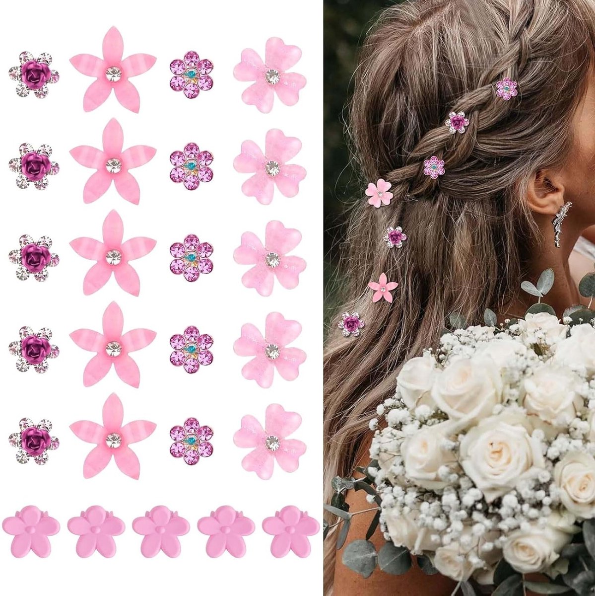 Mini Haarclips met Roze Bloemen en Strass Versiering - 25 Stuks voor Feestjes en Bruiloften
