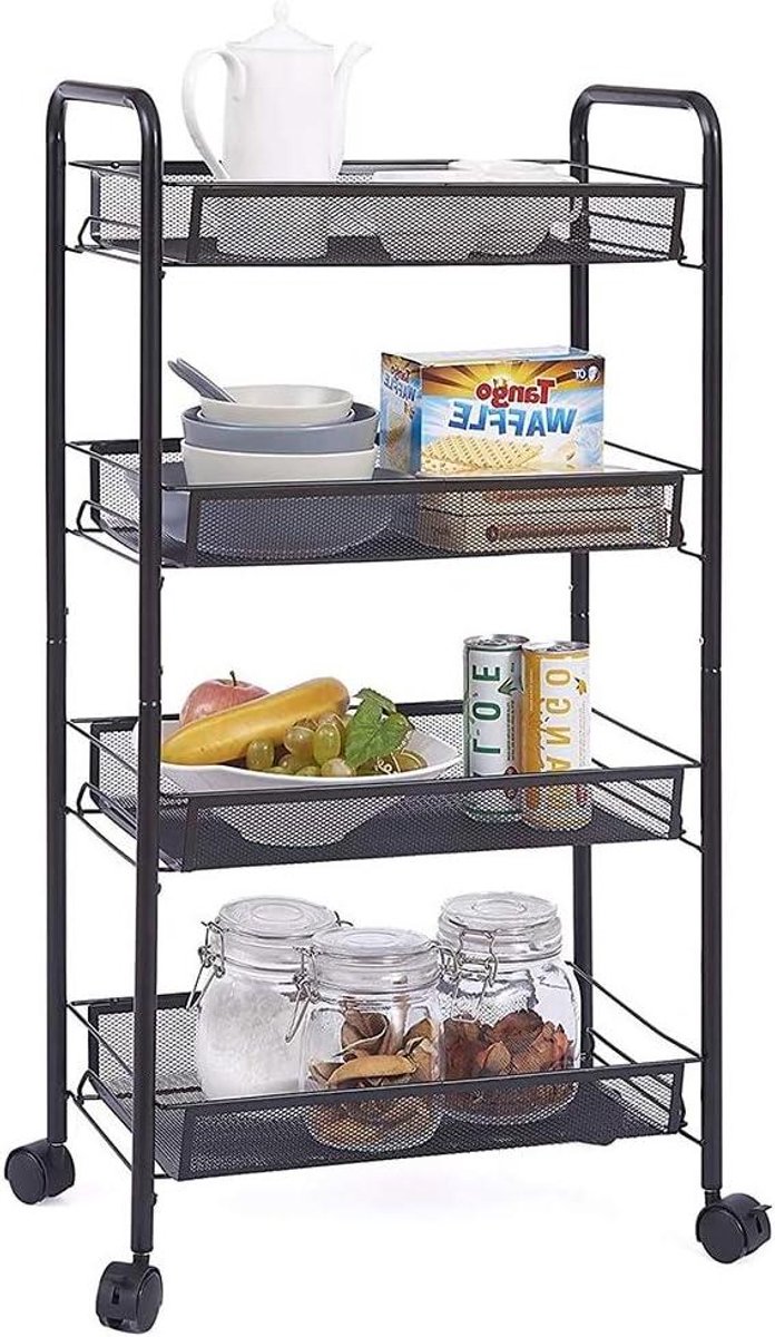 Opbergrek 4 Lagen - Roller Trolley - Keuken Organiseren - Met Zwenkwielen - 45x26x84 cm - Zwart