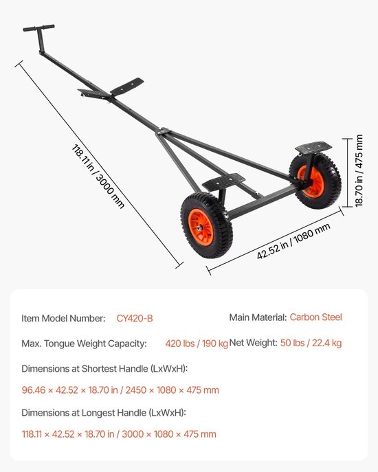 Boot Transportkar - Botenaanhanger Hulpmiddel - Boten Verplaatsen - Verstelbare Lengte - 190 kg Draaglast - Zwart — afbeelding 5