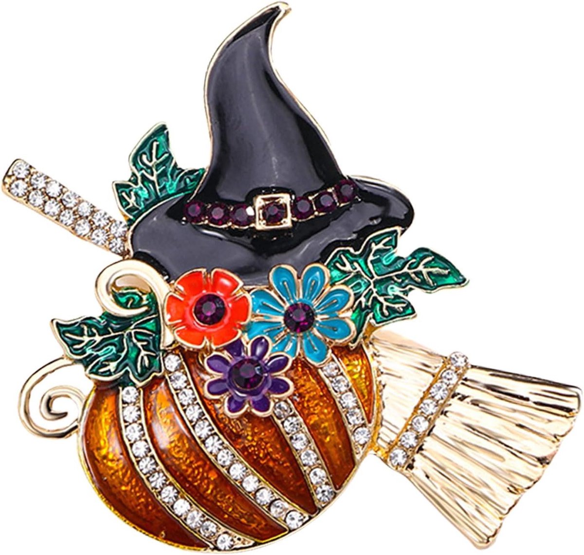 Pompoen Broche Speld - Halloween Pin - Outfit Accessoire - Strass Versierd - 6x5.7 cm - Oranje